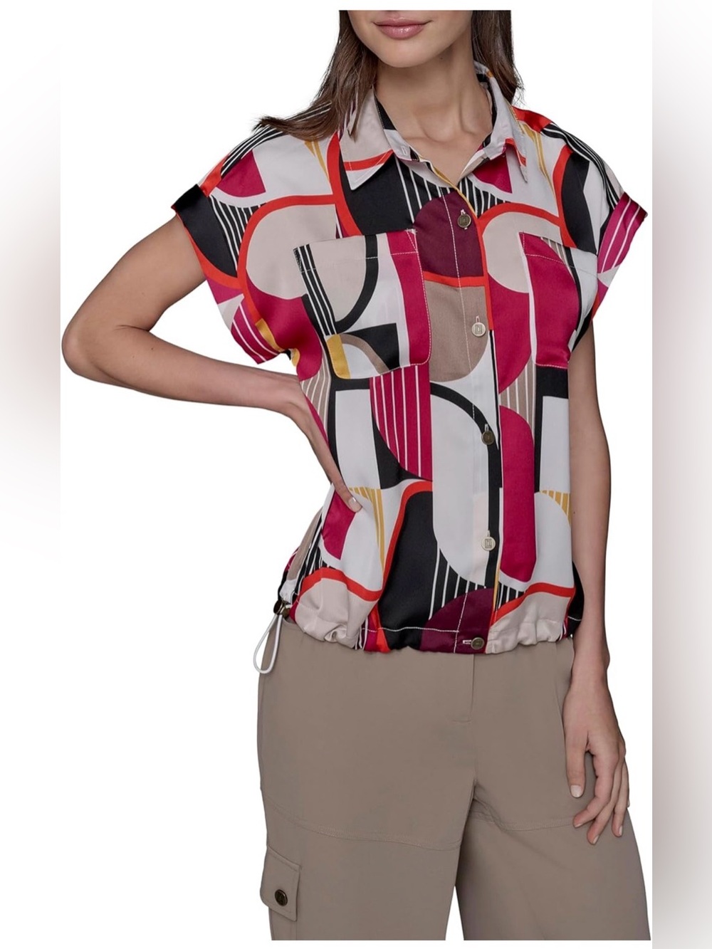 Karl Lagerfeld Paris Geometric Print Collared Blouse Short Sleeve Bungee Hem